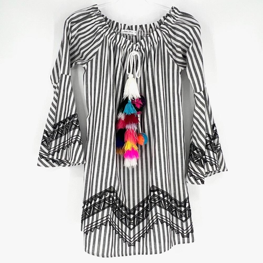 Maybe Wang Black and White Stripe Pom‎ Pom Tassel Off Shoulder Dress Small